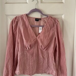 Pink Smocked V-Neck Puff Sleeve Blouse.